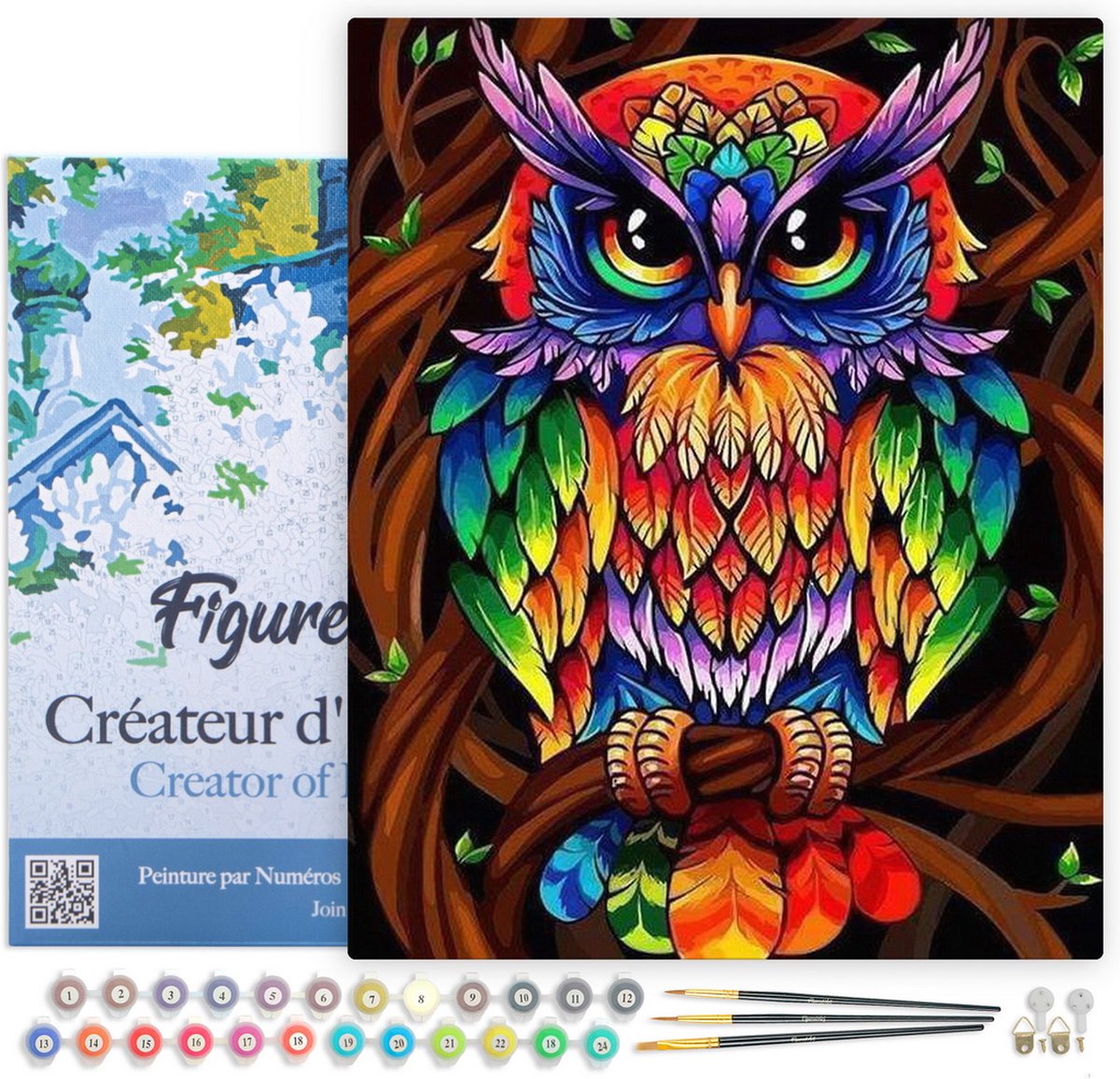 FiguredArt Schilderen op Nummer Volwassenen met lijst - Kleurrijke uil - Handwerk acrylverf Kit DIY Compleet - 40x50cm Canvas al ingelijst